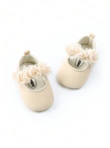 Apricot Color Infant Girls' Rose Flower Mary Jane Flats, Anti-Slip Soft Sole Infant First Walkers, Infant Flats, Princess Shoes