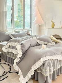3pcs Set Grey Ruffled Soft & Breathable Duvet Cover Set (1 Duvet Cover + 2 Pillow Shams), Suitable For Bedroom, Guest Room - Grey - View 11