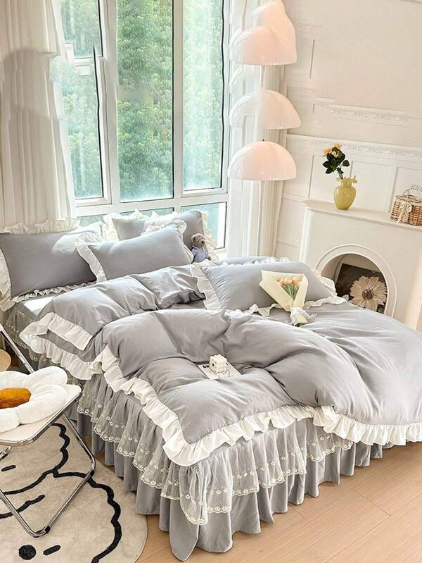 3pcs Set Grey Ruffled Soft & Breathable Duvet Cover Set (1 Duvet Cover + 2 Pillow Shams), Suitable For Bedroom, Guest Room