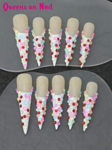 10 peças de unhas postiças artesanais, unhas brancas com strass, adesivos, pingentes para unhas, cola para unhas, lixa de unha, esmalte em gel, francesinha, listras, unhas postiças estilo gota d'água com cobertura total, adequadas para festas/festivais de música e uso diário S47 Nail Supplies Unhas