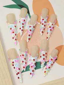 10 peças de unhas postiças artesanais, unhas brancas com strass, adesivos, pingentes para unhas, cola para unhas, lixa de unha, esmalte em gel, francesinha, listras, unhas postiças estilo gota d'água com cobertura total, adequadas para festas/festivais de música e uso diário S47 Nail Supplies Unhas