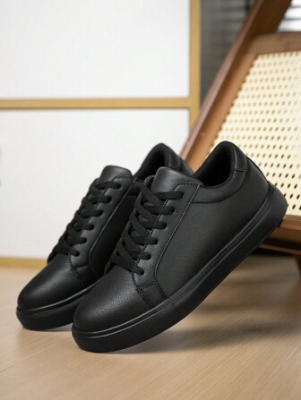 (Runs Small Size) Men's Black Minimalist Lace-Up Low Top Casual Sneakers, Fashionable Romantic School Style Couple Sporty Shoes
