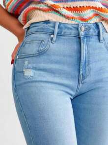 新款破洞修身弹力牛仔裤，时尚百搭的女士牛仔裤 - 淺藍色 - 查看 5