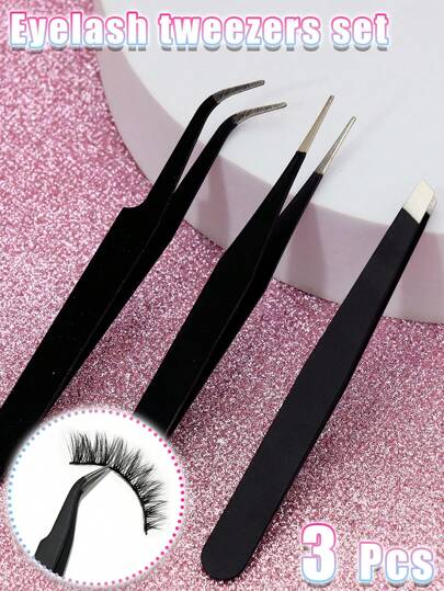 AYRMILLA 新品睫毛夹三件套睫毛夹镊子睫毛夹化妆工具镊子头精细易满足需求厚钢硬度高弹性耐用性好配有保护套避免手部受伤紧密舒适嫁接便携彩色美容工具睫毛梳黑色化妆睫毛延长器睫毛可重复使用护理睫毛生产批发礼品套装