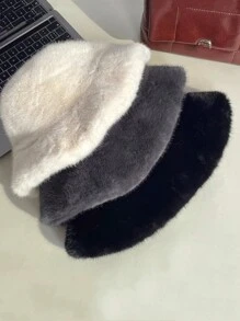 1pc Solid Color Casual Elegant Street Chic Polyester (Polyester) Fluffy Fluffy Patchwork Frayed Edge Bucket Hat, Versatile For Fall/Winter