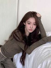 Camiseta de manga larga slim fit de color liso casual de primavera - Marrón - Ver 4