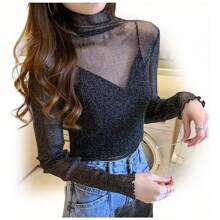 Fashion Sexy Women's T-Shirt Long Sleeve Transparent Beach Shirt - 黑色 - 查看 1