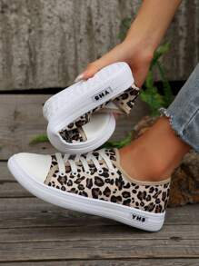 女士时尚运动鞋，豹纹白色鞋带，彩色鞋带，低帮厚底运动鞋，休闲百搭户外运动鞋