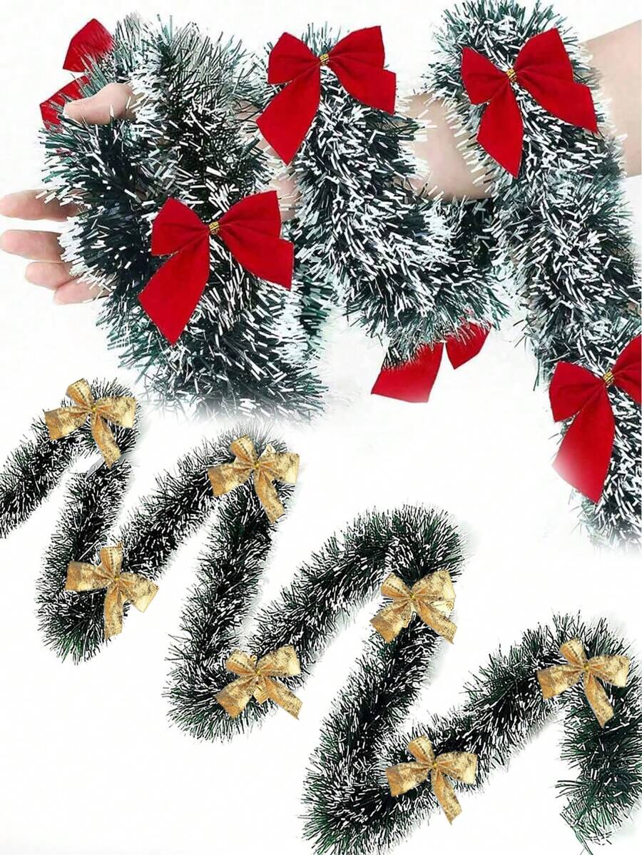 1set Tinsel Garland Dark Green Snowy White Garlands With 12 Pieces Bows For Tree Indoor And Outdoor Decorations Supplies Best Gifts Birthday Home Decor Christmas Decorations Room Decor Christmas Winter
