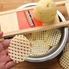 1pc Potato Wavy Slicer, Wooden Waffle Potato Cutter, Vegetable Chopper, Multi-Function Cucumber Slicer, Kitchen Gadget - Multicolor - View 1