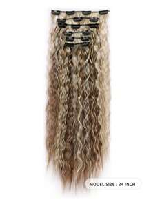 6pcs 24-Inch Mermaid Wave Clip-In Synthetic Hair Extensions, Suitable For Women, Grayish Brown With Golden Highlights - Beige Highlight - View 3