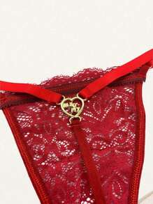 Lace Adjustable Panties Thong With Heart-Shaped Jewelry Make The Pix - 紅色 - 查看 3
