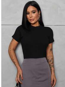 Kit 2 Women's Short Sleeve Ribbed Blouse, Casual Basic - 黑與白 - 查看 2