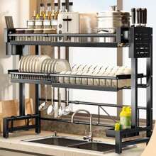 Égouttoir sur l'évier, télescopique, étagère à vaisselle deux niveaux grande capacité, support d'organisation pour évier, étagère de rangement pour plans de travail de cuisine pour assiettes, bols, casseroles, noir