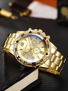 4pcs/Set Men's Steel Band Casual 3-Eye Numeral Scale Oversized Dial Quartz Wristwatch + Jewelry Set - Gold - View 9