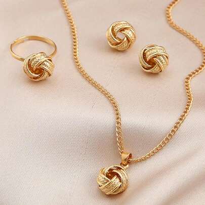 4 Cái/bộ Thiết Kế Xoắn Bộ Trang Sức Hình Học Đơn Giản Vòng Cổ Kim Loại Bông Tai Đinh Bộ Nhẫn