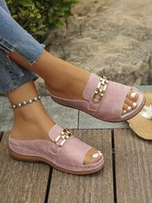 Wide Fit, Cross-Border Oversize EU Size 36-43, Summer Fashion Casual Pink Wedge Slide Sandals, Daily Outdoor Metallic Chain Slip-On Lightweight Comfortable PU Upper Platform Sandals With Random Upper Pattern For Women - 粉色 - 查看 4