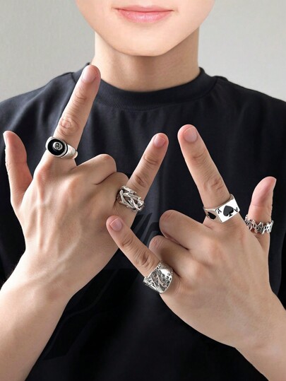 5pcs/Set Men & Women Punk Rock Playing Card Ring Set, Retro Spade Paper Design Knuckle Rings, Creative Jewelry Accessories