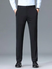 Men's Black Casual Business Wrinkle Free Comfortable Elastic Pants Slim Fit Pants For Middle-Aged And Elderly Teenagers Basic Versatile Style Solid Color Trousers Can Be Matched With Suits Or Shirts Light Business Work Clothes Thick Winter Wear - màu đen - Xem 1