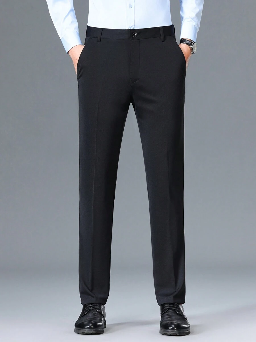 Men's Black Casual Business Wrinkle Free Comfortable Elastic Pants Slim Fit Pants For Middle-Aged And Elderly Teenagers Basic Versatile Style Solid Color Trousers Can Be Matched With Suits Or Shirts Light Business Work Clothes Thick Winter Wear - màu đen - Xem 1