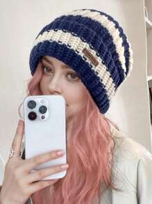 秋冬季复古条纹针织帽女加厚保暖贴边帽休闲无檐帽子男女户外防寒弹力宽松帽子