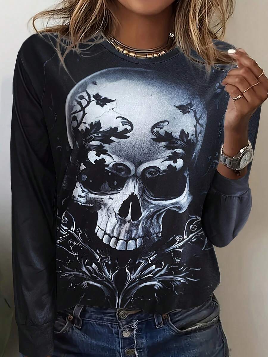 [Offerta Speciale Vacanze] Nuova Maglia A Maniche Lunghe Da Donna Con Stampa Scheletro Per Autunno Inverno - nero - Visualizzare 1