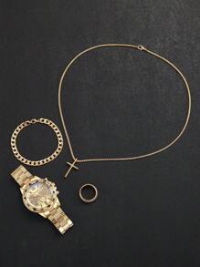4pcs/Set Men's Steel Band Casual 3-Eye Numeral Scale Oversized Dial Quartz Wristwatch + Jewelry Set - Gold - View 4