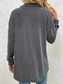 Women Button Down Shirts Ribbed Loose Dress Shirts Long Sleeve Casual Blouses - Black - View 2