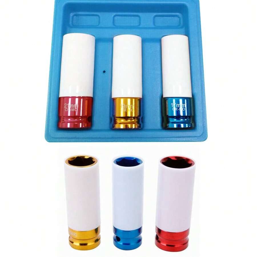 VA-Cerulean 3-Piece Impact Wrench, Aluminum Rim Socket Set - 1/2" Sockets Socket Set - 17mm/19mm/21mm Sockets Protective Inserts - Blue - View 1