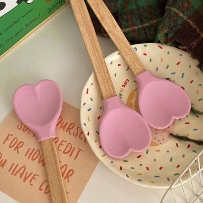 1pc Heart-Shaped Silicone Baking Spatula, Long Handle Wooden Grip Silicone Spatula, Decorative And Practical, Suitable For Home Kitchen, Pot And Pan Cooking Utensils, Kitchen Supplies, Christmas Gift