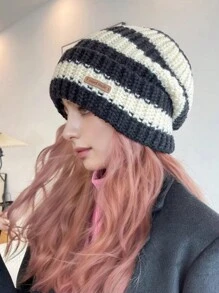 秋冬季复古条纹针织帽女加厚保暖贴边帽休闲无檐帽子男女户外防寒弹力宽松帽子