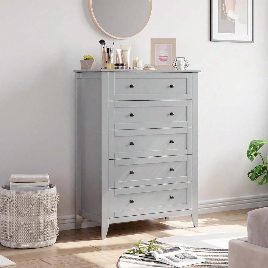 5 Chest Of Drawer Dresser, Modern Tall Nightstand With Deep Drawers And Nickel Round Handle, Wood Organizer Storage Cabinet For Bedroom, Living Room, Hallway - 灰色 - 查看 1