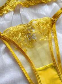 2pcs Women Sexy Lingerie Set, Yellow Mesh Floral Embroidered Sheer Bra And Panty, Intimate Apparel For Valentine's Day, Nightclub, Rave - Yellow - View 5