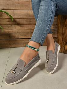 Women's Fashion Solid Color Round Toe Slip-On Loafers, Casual Outdoor Tassel Lock Decor Soft Bottom Comfortable Ballet Flats - Grey - View 4