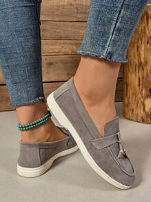 Women's Fashion Solid Color Round Toe Slip-On Loafers, Casual Outdoor Tassel Lock Decor Soft Bottom Comfortable Ballet Flats - Grey - View 6