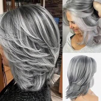 Elegant Silver Gray Ombre Wig For Women With Curtain Bangs - High Temperature Fiber, Rose Net Cap, Straight Hair, Layered Short Bob Synthetic Wig With Highlighted Grey Wavy Curls Elegant Mix Brown Ombre Wig