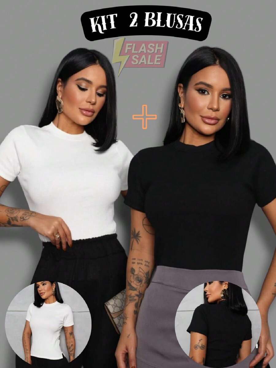 Kit 2 Women's Short Sleeve Ribbed Blouse, Casual Basic - 黑與白 - 查看 1