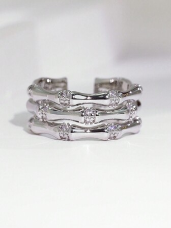 Charm-In 1pc Silver 3-Tier Bamboo Knot Zirconia Stone Ring, Women Jewelry Gift For Party, Birthday, Christmas