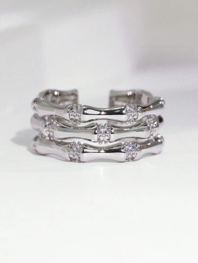 Charm-In 1개 실버 3단 대나무 매듭 지르코니아 스톤 반지, 여성용 파티, 생일, 크리스마스 선물