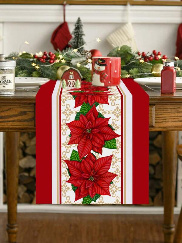 1 pieza Camino de mesa navideño de poliéster con patrón de flores rojas, suministros de decoración del hogar para fiestas navideñas, adornos de mesa para el hogar en Navidad y Año Nuevo, mantel navideño, regalo de fiesta navideña, Navidad
