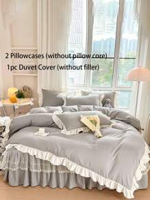 3pcs Set Grey Ruffled Soft & Breathable Duvet Cover Set (1 Duvet Cover + 2 Pillow Shams), Suitable For Bedroom, Guest Room - Grey - View 7