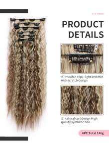 6pcs 24-Inch Mermaid Wave Clip-In Synthetic Hair Extensions, Suitable For Women, Grayish Brown With Golden Highlights - Beige Highlight - View 5