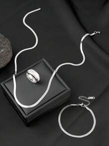 3 件男士珠宝套装不锈钢 60 厘米扁平项链压扁手链戒指简约时尚风格适合日常节日礼物（商品不含包装盒） - 銀色 - 查看 2