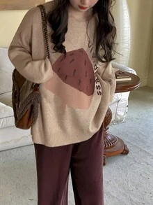 女士休闲趣味图案宽松圆领套头针织毛衣，秋冬款 - 卡其色 - 查看 5