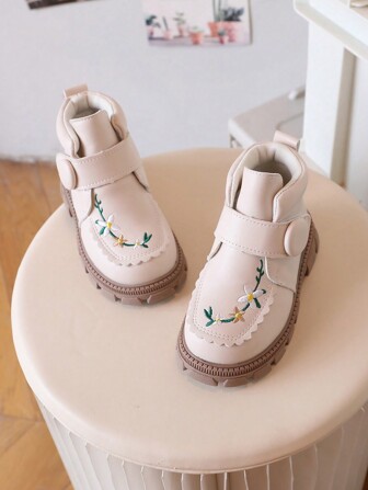 Children Embroidered Leather Snow Boots, Unisex Toddler Short Boot
