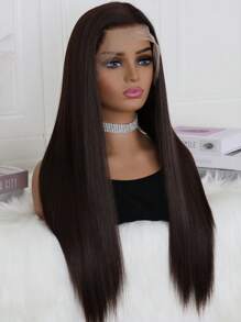 棕色合成蕾丝前假发 长款丝滑直发假发 预拔自然发际线 无胶蕾丝假发 日常派对用 24 英寸 - 棕色 - 查看 3