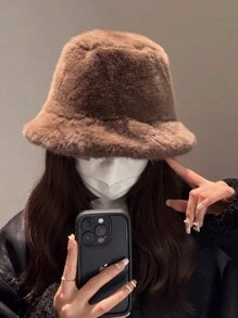 1pc Solid Color Casual Elegant Street Chic Polyester (Polyester) Fluffy Fluffy Patchwork Frayed Edge Bucket Hat, Versatile For Fall/Winter