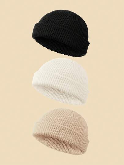 3 件装婴儿纯色简约无檐小便帽，柔软温暖的针织帽，适合秋冬季