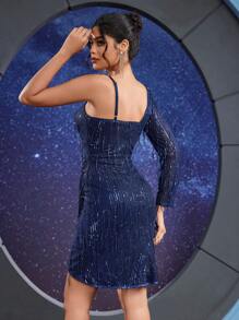 Vestido cruzado asimétrico elegante con flecos para mujer, vestido de fiesta formal de manga larga para eventos de boda, graduación, cena - Azul Marino - Ver 7