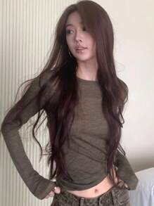 Camiseta de manga larga slim fit de color liso casual de primavera - Marrón - Ver 1